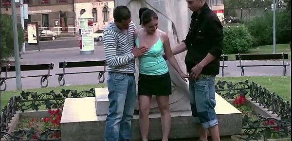  Daring PUBLIC sex threesome by a famous statue in the middle of the city